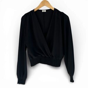 Wilfred Black Crepe Wrap Blouse Smocked Waist Long Sleeve
